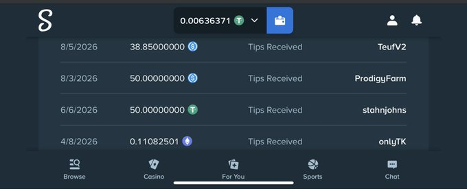 The image shows a mobile app's "Tips Received" history on what appears to be the Stake platform, displaying four received tips: 38.85 from Teufv2 (8/5/2026), 50.00 from ProdigyFarm (8/3/2026), 50.00 from stahnjohns (6/6/2026), and 0.11082501 from onlyTK (4/8/2026). This directly supports the post's claim of receiving 4 tips, with the transaction log serving as visual proof of those four incoming tips.