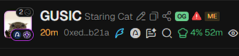 A dark-themed user profile header for 'GUSIC Staring Cat' showing 20m, the address 0xed...b21a, 4% and 52m metrics.