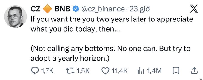 A screenshot of a tweet from CZ ₿ BNB (@cz_binance) that reads, 'If you want the you two years later to appreciate what you did today, then... (Not calling any bottoms. No one can. But try to adopt a yearly horizon.)'