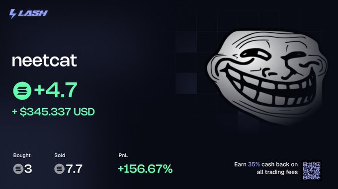 Trading dashboard on LASH showing a 'neetcat' asset with a +4.7 token gain (+$345.337 USD) and +156.67% PnL, featuring a troll face meme illustration.