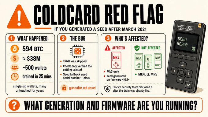 A security advisory infographic titled 'COLDCARD RED FLAG' warning that 594 BTC (~$38M) was drained from approximately 500 wallets in 25 minutes due to a TRNG bug that skipped on seed generated after March 2021, affecting Mk3 wallets on firmware 4.0.1+ while Mk4, Q, and Mk5 are not affected.