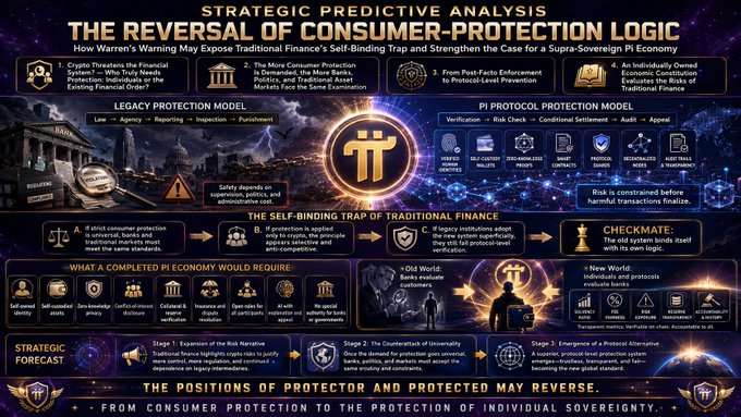 An infographic titled 'STRATEGIC PREDICTIVE ANALYSIS: THE REVERSAL OF CONSUMER PROTECTION LOGIC' comparing Legacy Protection Models with Pi Protocol Protection Models for a Pi Economy.