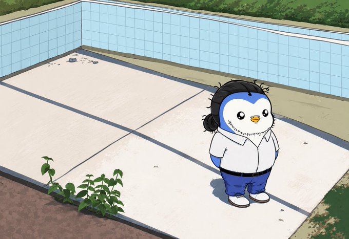 A cartoon penguin character with black hair, wearing a white shirt and blue pants, stands alone in an empty drained swimming pool with weeds growing through cracks in the concrete floor. The image humorously reflects the post's caption about selling crypto at a loss just before a "gm" tweet causes the market to pump back up—evoking the feeling of being left high and dry after making a bad financial decision.