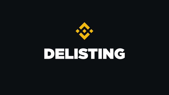 A black screen displays a yellow Binance logo above the white text 'DELISTING'.