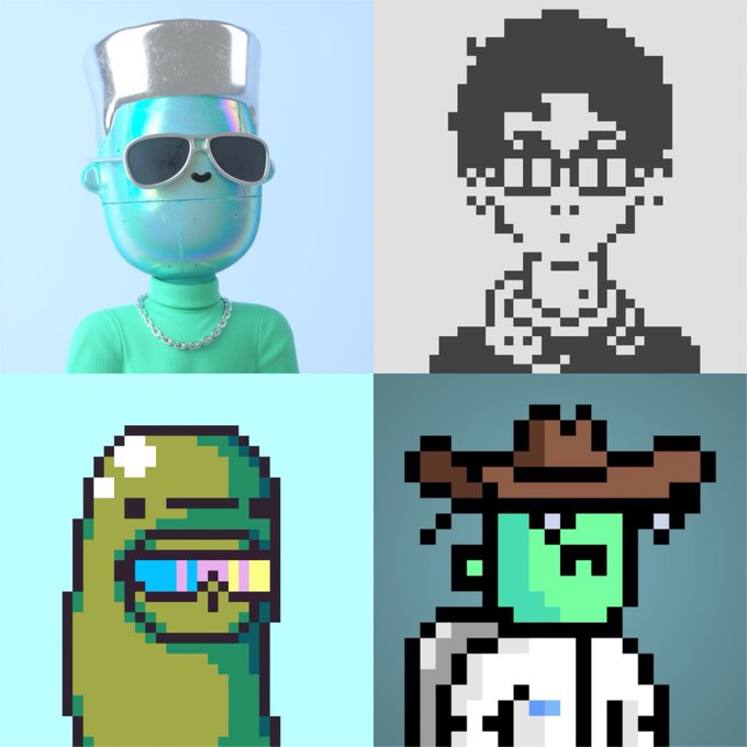 Four-panel grid of digital avatar artworks: a 3D-rendered character with sunglasses and chain necklace, a black-and-white pixelated portrait, a green pixel art figure with a visor, and a green pixel character wearing a cowboy hat.