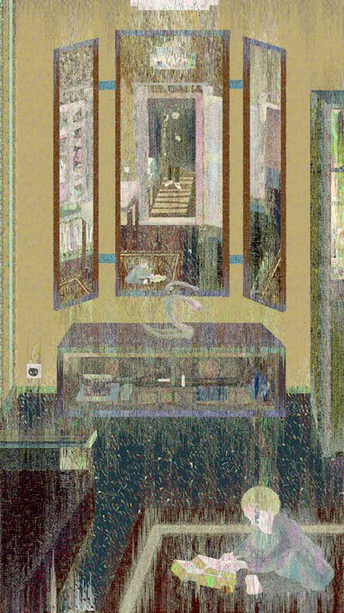 The image features a painting of a room with three mirrors, one of which shows a person sitting down. The room has a brown color scheme, and there are two chairs present as well. A small child can be seen playing near the center of the room. The artist's signature is visible in the bottom right corner of the painting.