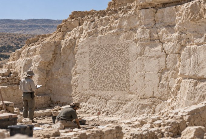 Two archaeologists examine and document an ancient carved stone mosaic panel featuring intricate floral patterns at an outdoor dig site.