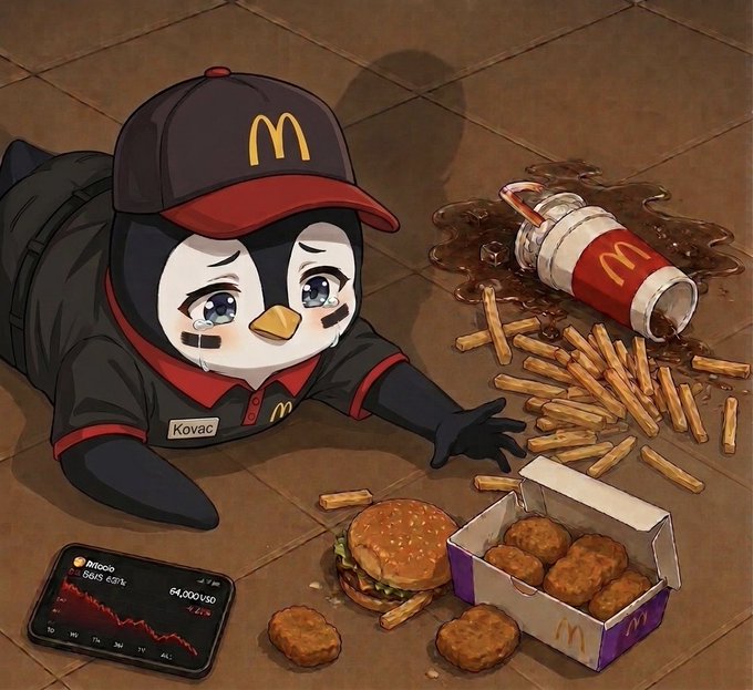 The image features a cartoon penguin wearing a McDonald's uniform lying on its stomach with a box of fries next to it. The penguin appears sad, possibly due to being overwhelmed by the amount of food around it. In addition to the fries, there is also a cell phone and a cup present in the scene. The post includes text that reads "First day on the job FML Last hope is @Polymarket & @HyperliquidX Save us, I don' wanna go back to 9-5 any longer". This suggests that the penguin might be experiencing some sort of stress or discomfort due to its surroundings and possibly a change in routine.
