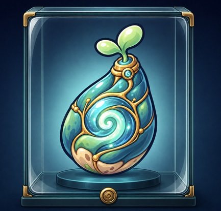 A glowing, leaf-topped blue-and-green fantasy seed or vessel with a spiral center and gold trim is displayed inside a glass case. It serves as the visual for an evening “$toby Late Night” post.