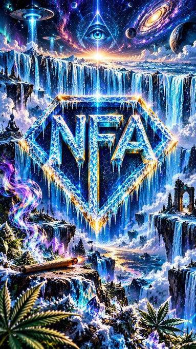 A vibrant digital fantasy artwork featuring the word 'NFA' in icy, crystalline letters set against a cosmic backdrop with UFOs, galaxies, and waterfalls.