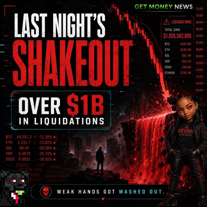 A dramatic graphic reads "LAST NIGHT'S SHAKEOUT" with "OVER $1B IN LIQUIDATIONS," showing a declining red chart and tickers including BTC ($487.6M), ETH ($246.3M), SOL ($82.7M), XRP ($63.1M), and DOGE ($38.6M).