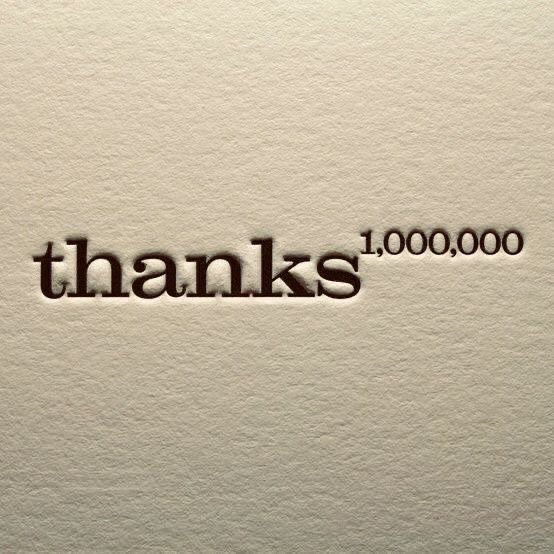 A textured beige background displays the word 'thanks' in bold black lowercase letters with the superscript number '1,000,000' next to it.