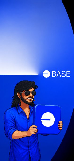 An illustrated "gm" Base creator holds a blue Base-branded sign in a vibrant blue spotlight, with the "BASE" logo displayed prominently in the upper right. The stylized character represents a community member celebrating the upcoming $BASE launch and reflecting on the journey of campaigns, roles, and quests that have shaped their involvement.