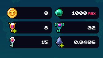 A video game interface displaying an inventory with a coin (0), a green gem (1000 MAX), and various items with quantities 8, 32, 15, and 0.040t.