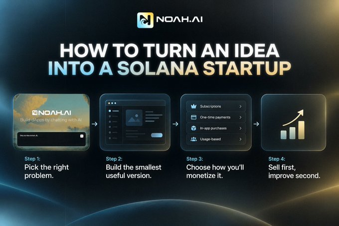 The graphic, branded with the Noah.ai logo, outlines a four-step process titled "How to Turn an Idea Into a Solana Startup," featuring illustrations for each phase: Step 1 (Pick the right problem), Step 2 (Build the smallest useful version), Step 3 (Choose how you'll monetize it, with options like subscriptions and one-time payments), and Step 4 (Sell first, improve second). It visually supports the post's advice by providing a clear, actionable framework for entrepreneurs launching on Solana.