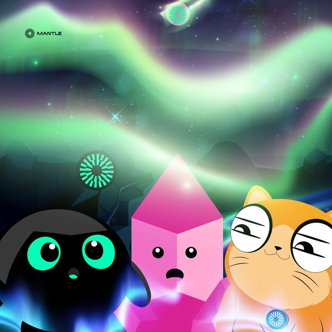 The image features three cartoon characters - a pink rabbit, an orange cat, and a black cat with green eyes - sitting together against a backdrop of stars and a blue sky. The characters appear to be engaged in conversation or observing something out of frame.