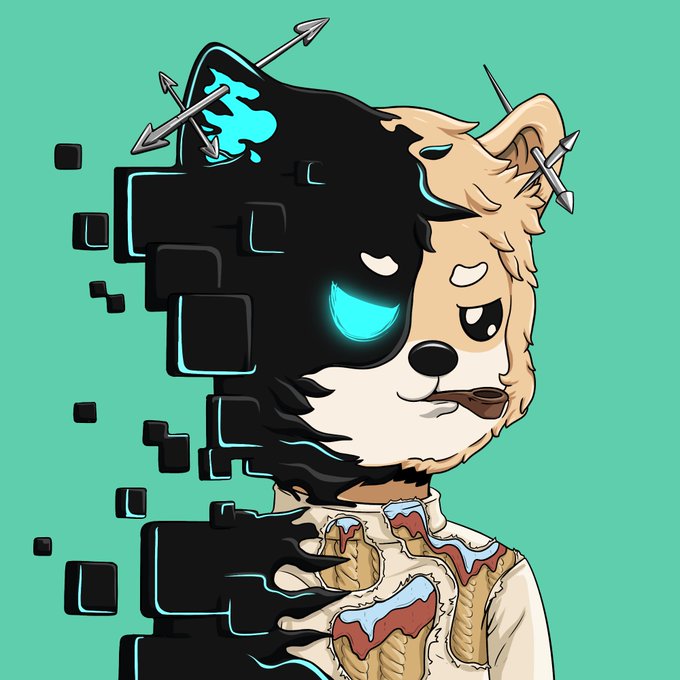The image features a cartoon dog wearing a white shirt, with its head tilted to one side as if looking at something or someone off-camera. The background consists of a green color that contrasts with the black squares surrounding the dog's face, creating an interesting visual effect. The caption "Day 28 of posting a gui nft" suggests that this image was posted on the artist's Instagram account on Day 28.