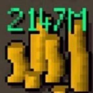 A pixel art graphic showing a stack of gold bars with "214.7M" in green text above them.