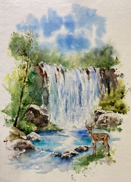 A watercolor painting depicting a cascading waterfall surrounded by green foliage, with a deer standing on rocks near a blue stream below.