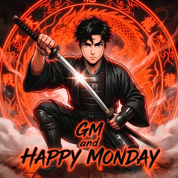 Anime-style illustration of a black-haired samurai warrior holding a katana in front of a glowing red dragon circle, with 'GM and Happy Monday' text.