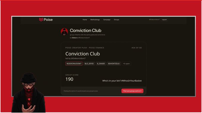 A website screenshot for 'Poise Conviction Club' led by @GideonIzunab7 with a group score of 190 and a red border featuring an illustrated character.