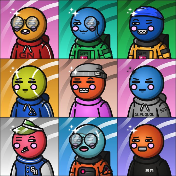 This image showcases a grid of nine colorful, cartoonish avatars, each bearing the "SR" or "S.R.G.G." logo. These avatars likely represent NFTs from the @SpaceRidersXYZ collection mentioned alongside the post.