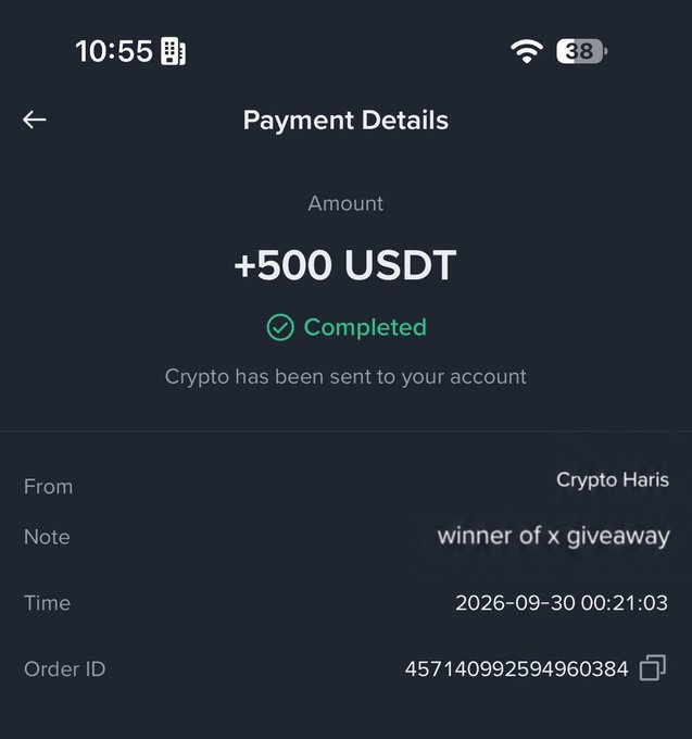 A mobile payment confirmation screen showing a completed transaction of +500 USDT sent from 'Crypto Haris' with the description 'winner of x giveaway' on 2026-09-30.