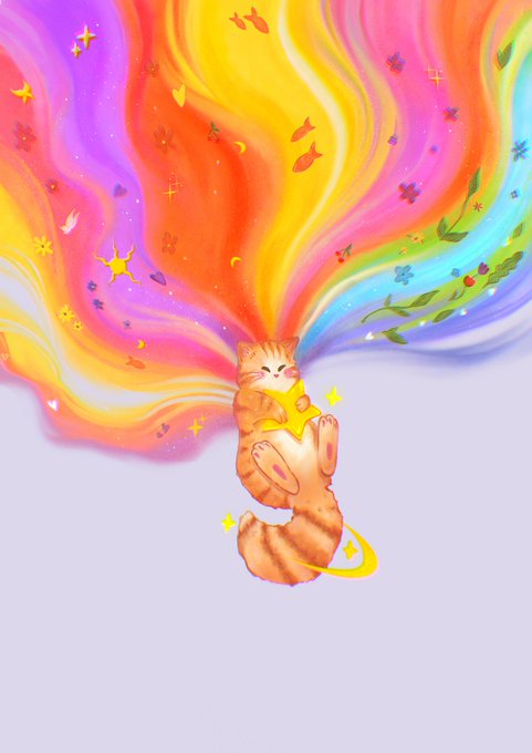 A cheerful orange tabby cat floats weightlessly while clutching a glowing yellow star, with a vibrant cascade of rainbow-colored flames, flowers, and sparkles erupting from its head into a swirling cosmic display, filling the upper portion of the image with brilliant hues of pink, orange, yellow, and blue. This whimsical, fan-made artwork reflects the post's expression of gratitude for the creative gifts and affection the creator has received.