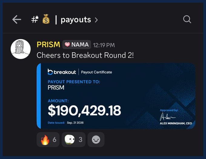 A Discord channel named 'payouts' displays a Breakout Payout Certificate issued to PRISM for $190,429.18, dated Sep. 21 2026 and approved by Alex Miningham, CEO.