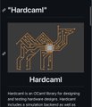 A dark image displaying the brand "Hardcaml" with stylized house/home icons and the tagline "Hardware is an Ocean Library for designing and testing hardware designs." The post humorously suggests hedge funds are shocked that someone shared their proprietary hardware design tools publicly for free.