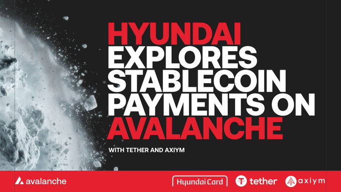 Bold headline graphic: 'HYUNDAI EXPLORES STABLECOIN PAYMENTS ON AVALANCHE WITH TETHER AND AXIYM,' featuring logos for Avalanche, Hyundai Card, Tether, and Axiym.