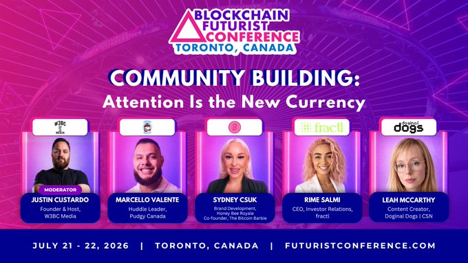 Promotional banner for the 'Blockchain Futurist Conference' in Toronto, Canada (July 21-22, 2026), highlighting a 'Community Building: Attention Is the New Currency' panel featuring Justin Custardo, Marcello Valente, Sydney Csuk, Rime Salmi, and Leah McCarthy.