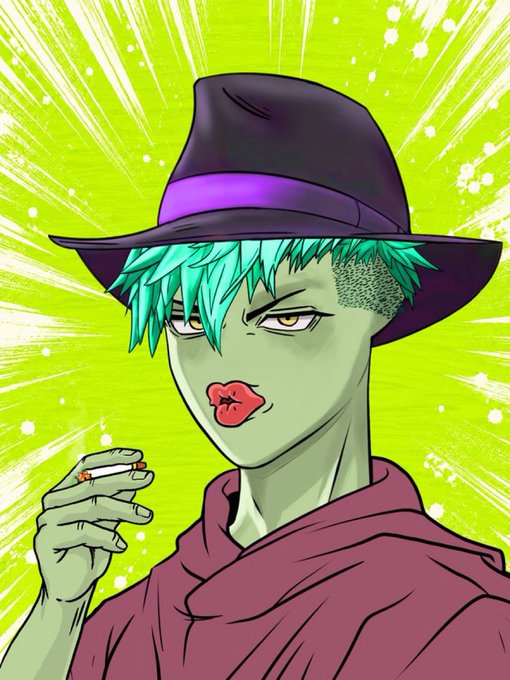 Anime-style illustration of a green-skinned character with teal hair, wearing a black fedora with a purple band and a maroon robe, holding a cigarette against a yellow radiating background.