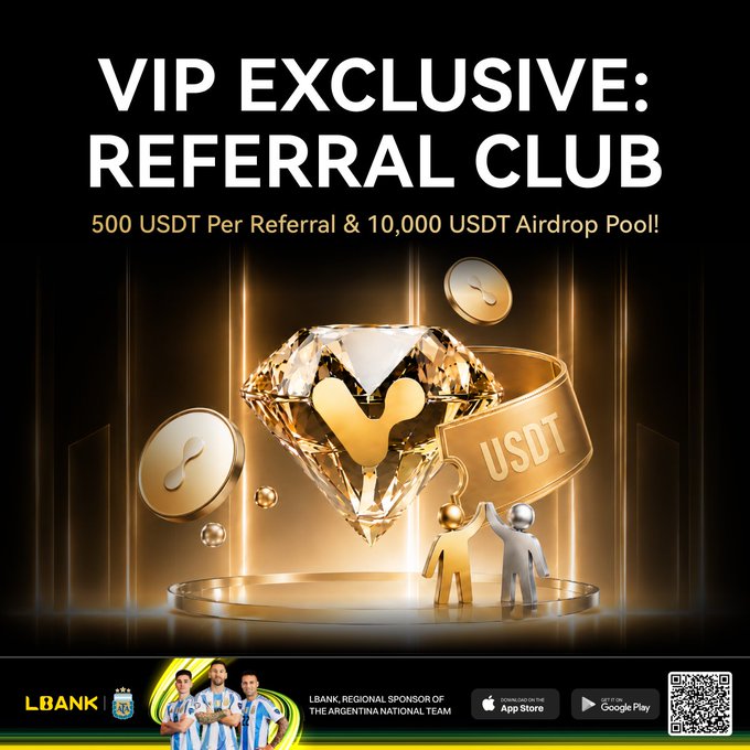 A promotional graphic for LBank's "VIP Exclusive: Referral Club" advertises 500 USDT per referral and a 10,000 USDT airdrop pool, featuring a glowing diamond, gold USDT coins, and two figures high-fiving on a stage. The image reinforces the post's call-to-action to join the referral program and earn VIP-level crypto rewards.