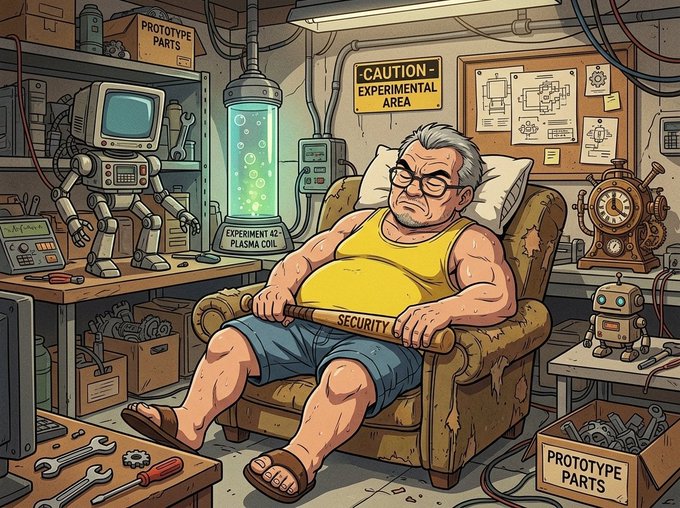 An illustrated cartoon of a grumpy, overweight man in a yellow tank top and glasses sleeping in a recliner, holding a baseball bat labeled 'SECURITY,' surrounded by robots, tools, and signs reading 'PROTOTYPE PARTS,' 'CAUTION - EXPERIMENTAL AREA,' and 'EXPERIMENT 42 - PLASMA COIL.'