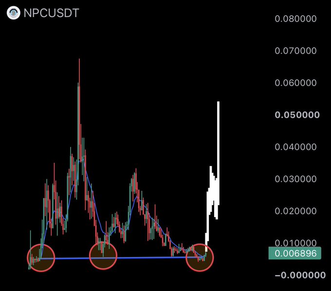 The image is a candlestick price chart for the NPC/USDT trading pair, showing the current price at 0.006896. The chart highlights three key support points (circled in red) along the 0.0068-0.0070 level with a blue trendline connecting them, suggesting a potential bullish pattern forming. The post's enthusiasm for $NPC aligns with the apparent triple-bottom support structure that could signal an upcoming price breakout, though a recent large white candle near 0.050000 indicates significant past volatility.