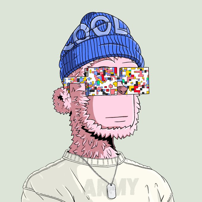 A digital illustration of a character wearing a blue beanie labeled 'COOL' and pixelated mosaic sunglasses that read 'ARMY,' with a dog tag necklace on a light green background.