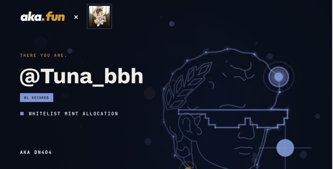 A promotional graphic from aka.fun announces a whitelist mint allocation for the username @Tuna_bbh, labeled AKA DN404, with a stylized profile illustration on the right.