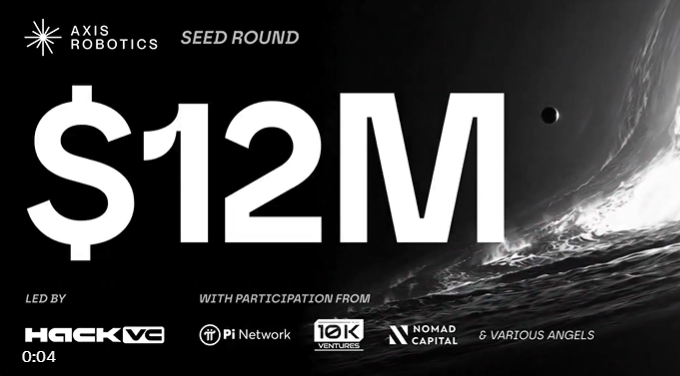 A promotional graphic announcing Axis Robotics' $12M seed round, led by Hack VC, with participation from Pi Network, 10K Ventures, Nomad Capital, and various angels.