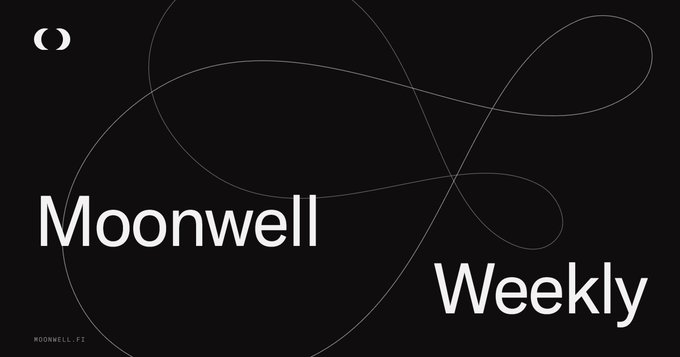 The image is a black banner featuring the "Moonwell Weekly" newsletter title in bold white text, alongside the Moonwell logo and website (moonwell.fi), decorated with elegant thin curved lines. It serves as the header for a weekly recap post highlighting key updates from the Moonwell DeFi protocol, including new credit reporting features, vault integrations, and platform developments.