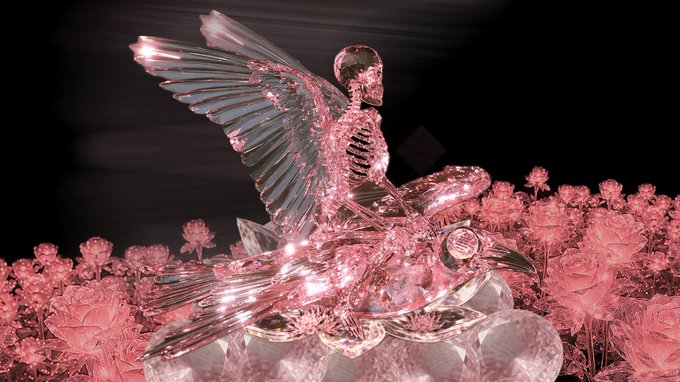 A pink-tinted crystal sculpture of a winged skeletal figure with outstretched wings, resting on a bed of pink crystal flowers.