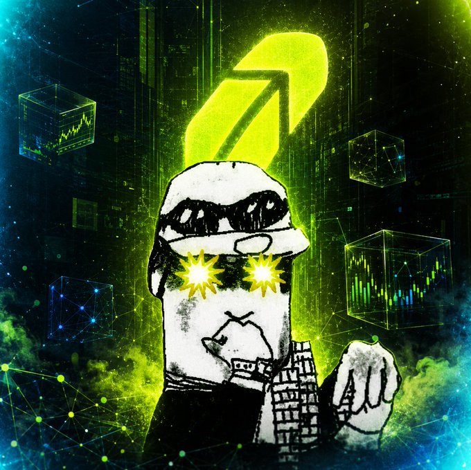 A stylized digital artwork of a figure wearing sunglasses, with glowing yellow starbursts for eyes and a large yellow arrow pointing upwards emerging from their head, set against a green and blue digital background with financial candlestick charts in cubes.