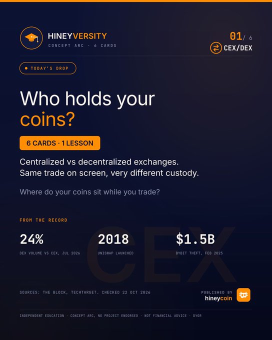 A dark navy educational card labeled “HINEYVERSITY” asks “Who holds your coins?” and explains “Centralized vs decentralized exchanges,” with stats including “24%,” “2018,” and “$1.5B.”