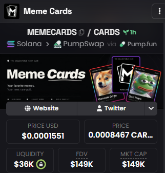 A screenshot of the 'Meme Cards' cryptocurrency tracking page, showing it available on Solana via PumpSwap, with a price of $0.0001551 and a market cap of $149K.