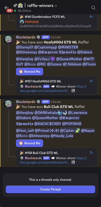 A screenshot of a Discord channel named 'raffle-winners' showing bot messages from 'Blockstars' about winning HoofzH00d GTD WL Raffle and Bull Club GTD WL Raffle.