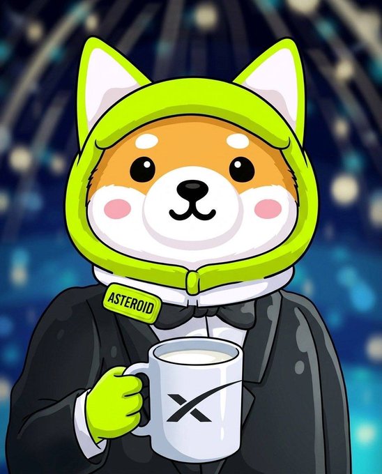 This image depicts a Shiba Inu character wearing a green hoodie, a tuxedo, and an "ASTEROID" tag, holding a mug with the SpaceX logo. The post text "$ASTEROID brewing something bigger than a trend." suggests that the character and the SpaceX logo symbolize the potential for significant growth or innovation related to ASTEROID.