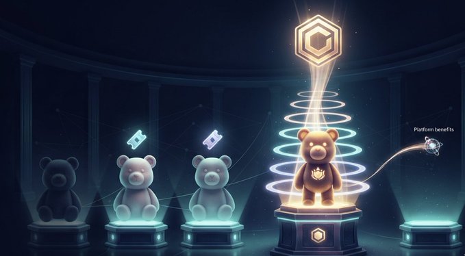 A fantasy-themed digital illustration showing glowing teddy bear statues on pedestals with one bear highlighted under a hexagonal emblem, surrounded by rings of light, ticket icons, and a 'Platform benefits' label.