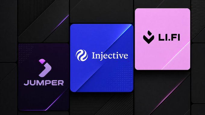 Three branded cards for Jumper, Injective, and LI.FI are displayed against a dark background, visually highlighting the integration between the three platforms. The image corresponds with the announcement that $INJ (Injective) now integrates with LI.FI Protocol and Jumper, enabling one-click cross-chain routes from networks like Base, BNB Chain, and Robinhood Chain directly into Injective.