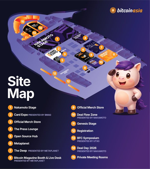 A site map for 'bitcoinasia' featuring an isometric purple event layout and a unicorn mascot, listing numbered locations including Nakamoto Stage, Card Expo, Metaplanet, The Deep, BFC Symposium, and Deal Day 2026.
