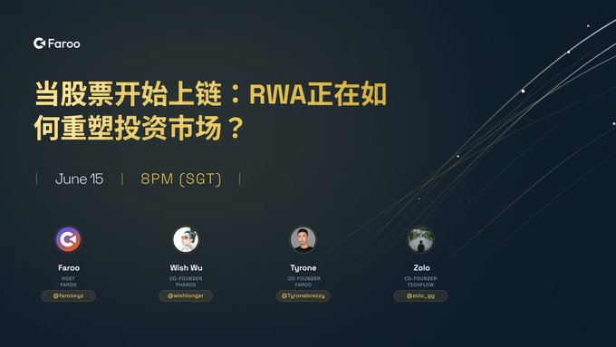The image shows a presentation slide with a dark background, featuring a gold border and white text. The title of the slide reads "June 15, 8:00 SGT Chinese x.com/i/spaces/1kKzD". Below this title is a list of names in Chinese characters for five people who are participating in an online event or webinar on tokenized stocks and RWA products. The image also includes a small logo at the bottom, possibly representing the Faroo platform hosting the presentation.